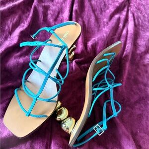 Cult Gaia Turquoise Strappy Heels with Gold Accents